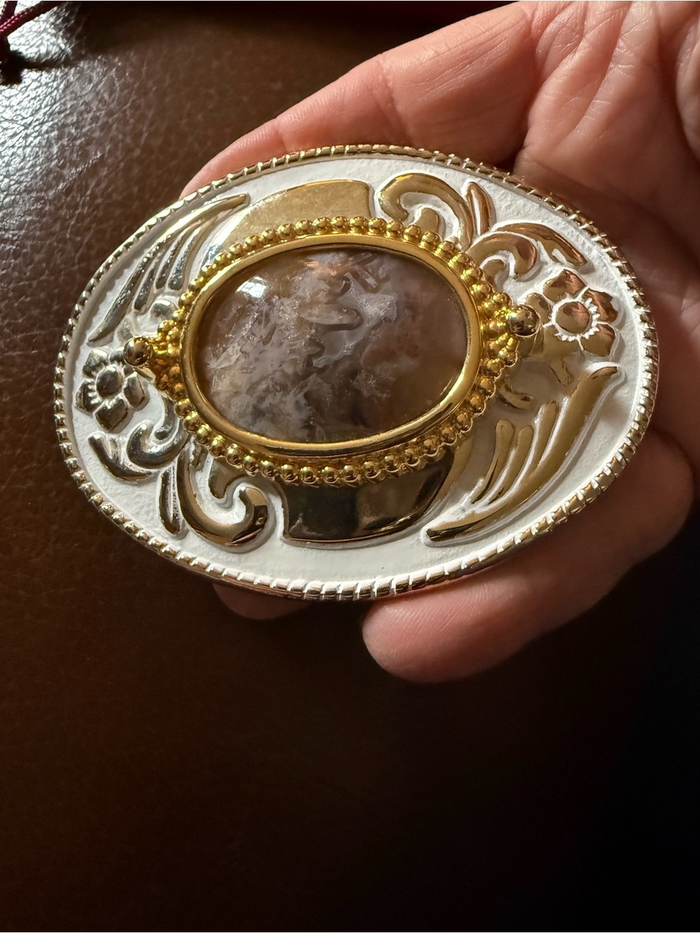 Vintage Made in USA Western Belt Buckle Agate Stone Two Tone Floral